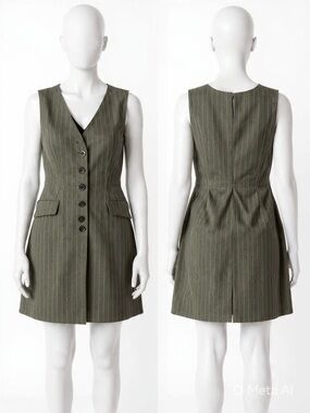 Grey Pinstripe V-Neck Button-Front Mini Dress-A20